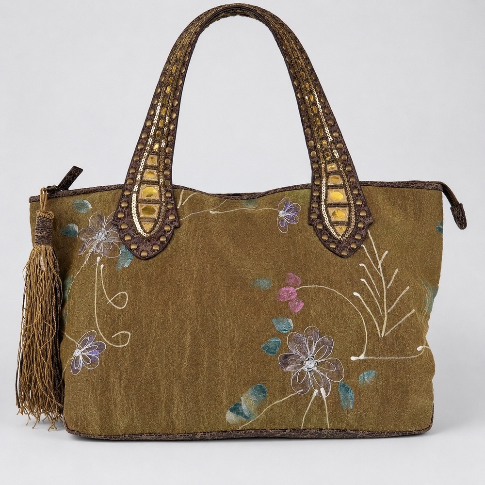 Indeed Iridescent Boho Tote Bag Floral Studded Sequined Embellished Purse Y2K